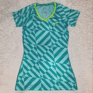 Nike Pro Dri-Fit Turquoise and Lime Green Fitted V-Neck Tee Small